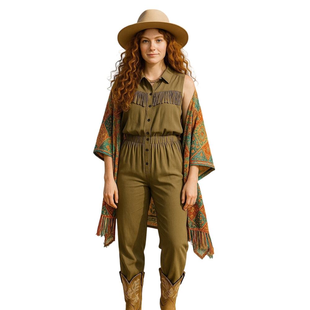 Blush Noir Fringe Jumpsuit Women’s Medium Brown Sleeveless Button Front